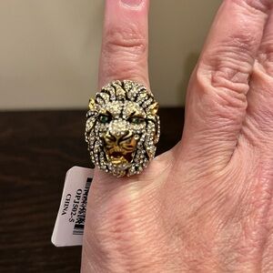 New JTV Lion Ring Gold Tone Crystals Enamel Statement Ring